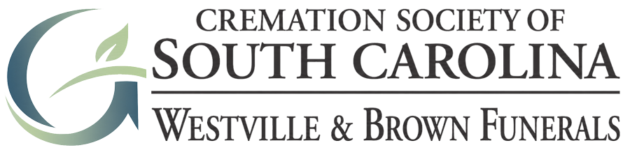 Cremation Society of South Carolina logo with green leaf and gray text, Westville & Brown Funerals branding