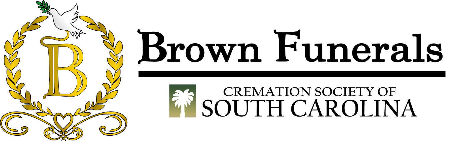 Brown Funerals logo with gold wreath, large “B,” and “Cremation Society of South Carolina” text