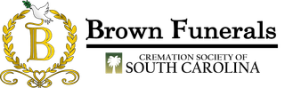 Brown Funerals logo with gold wreath, large “B,” and “Cremation Society of South Carolina” text