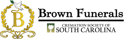 Brown Funerals logo with gold wreath, large โB,โ and โCremation Society of South Carolinaโ text