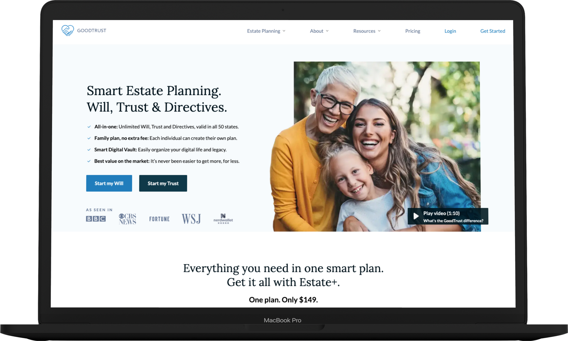 Laptop displaying a financial planning website with a family photo and blue call-to-action buttons