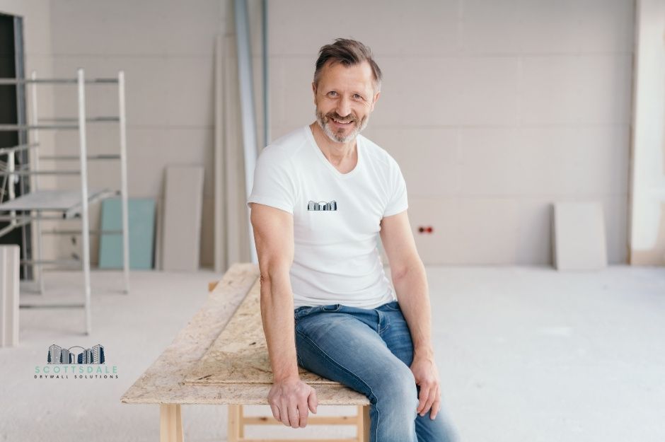 A drywall repair company professional, a smiling middle-aged man in a white t-shirt and jeans, sits on a wooden workbench in a bright, modern residential workspace with white walls and shelving visible in the background near N Orkney Way, and Castlegate Blvd, San Tan Valley, AZ.