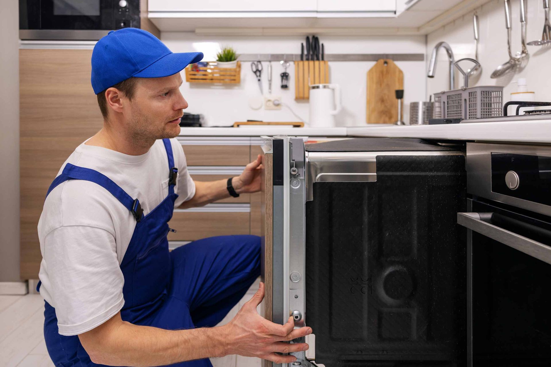 Technician in blue uniform opening a dishwasher in a bright kitchen