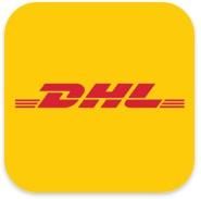 Logotipo da DHL em um quadrado amarelo com cantos arredondados; letras vermelhas e linhas horizontais.