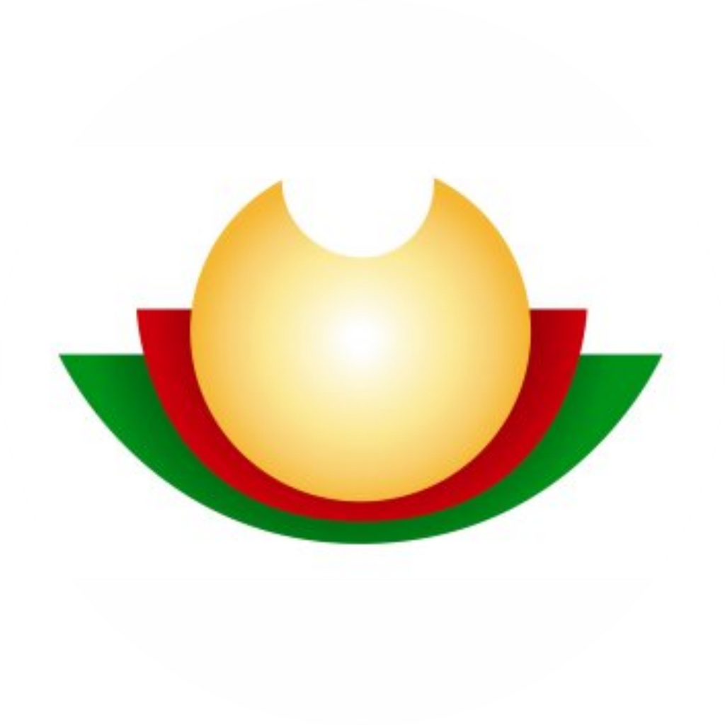 Logotipo estilizado: esfera dourada com um recorte em forma de crescente, sobre formas curvas vermelhas e verdes.