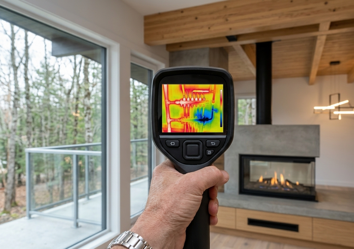 Thermal imaging camera detecting moisture behind a living room wall.