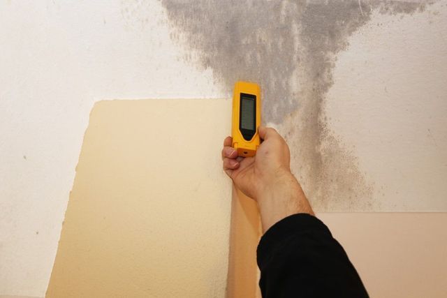 Hand holding a moisture meter against a water-damaged wall.