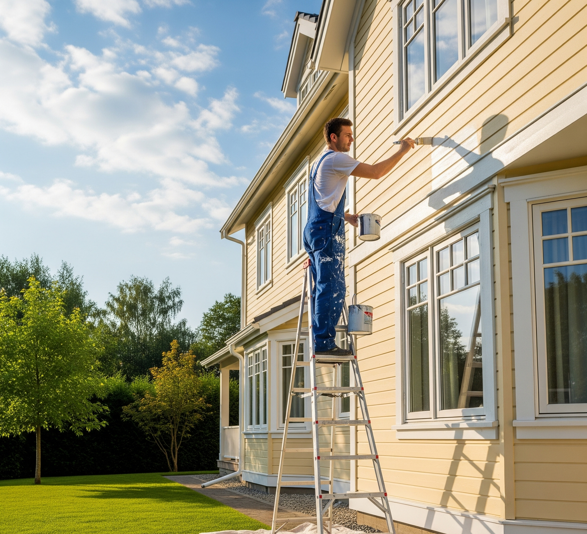 Painter on a ladder painting the side of a yellow house on a sunny day.