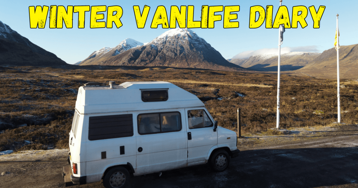 A white van is parked in front of a mountain with the words winter vanlife diary above it