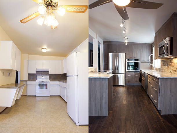 Before and after kitchen renovation. Left: white cabinets, tan floor. Right: modern gray cabinets, dark wood floor.