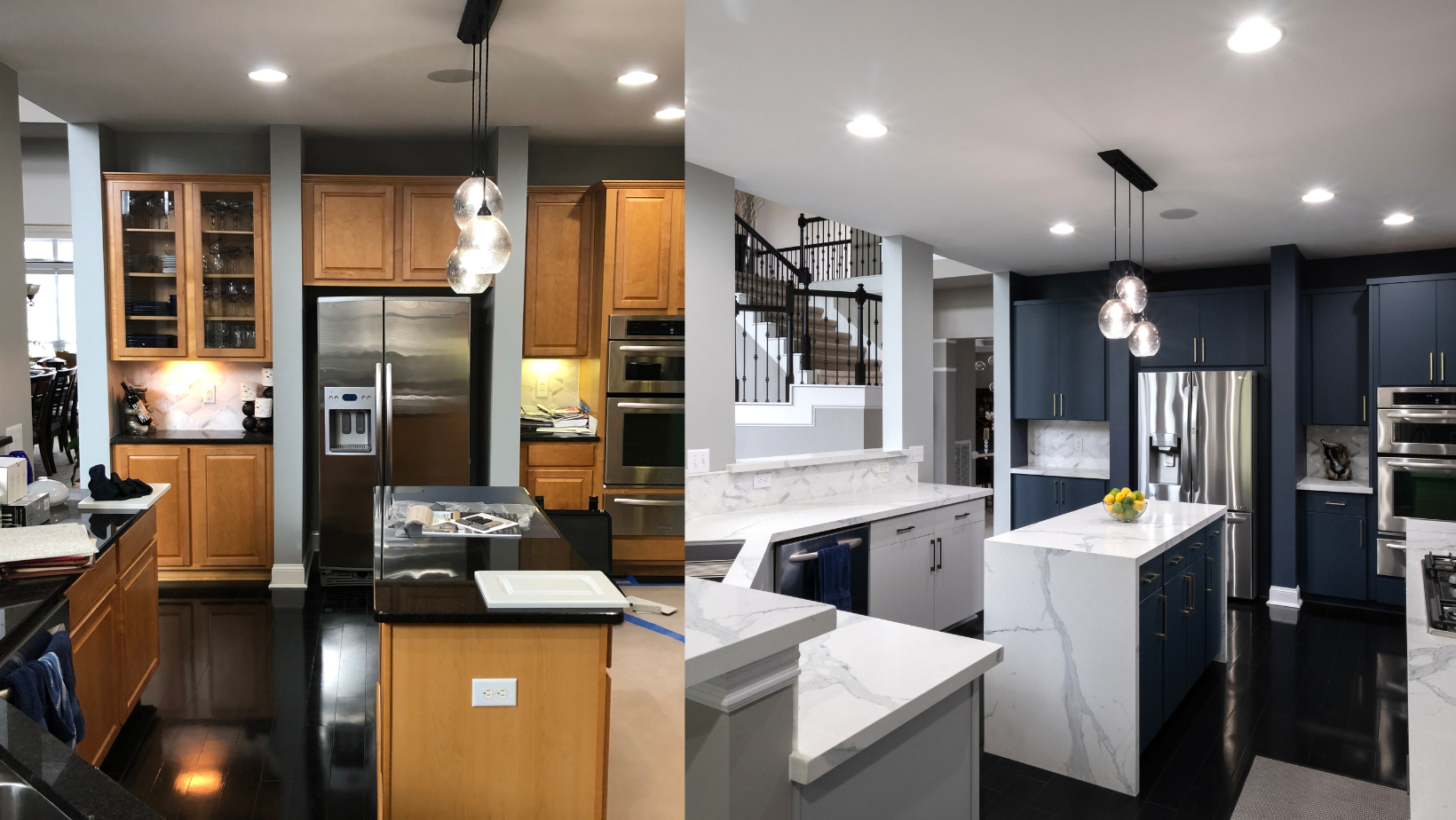 Before and after kitchen renovation. Wooden cabinets transformed to dark blue with new countertops and island.
