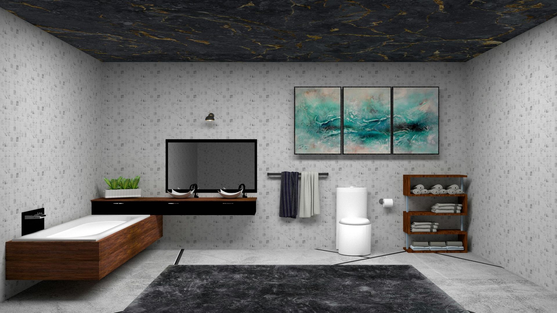 Modern bathroom with black marble ceiling, white walls, bathtub, toilet, artwork, and dark rug.