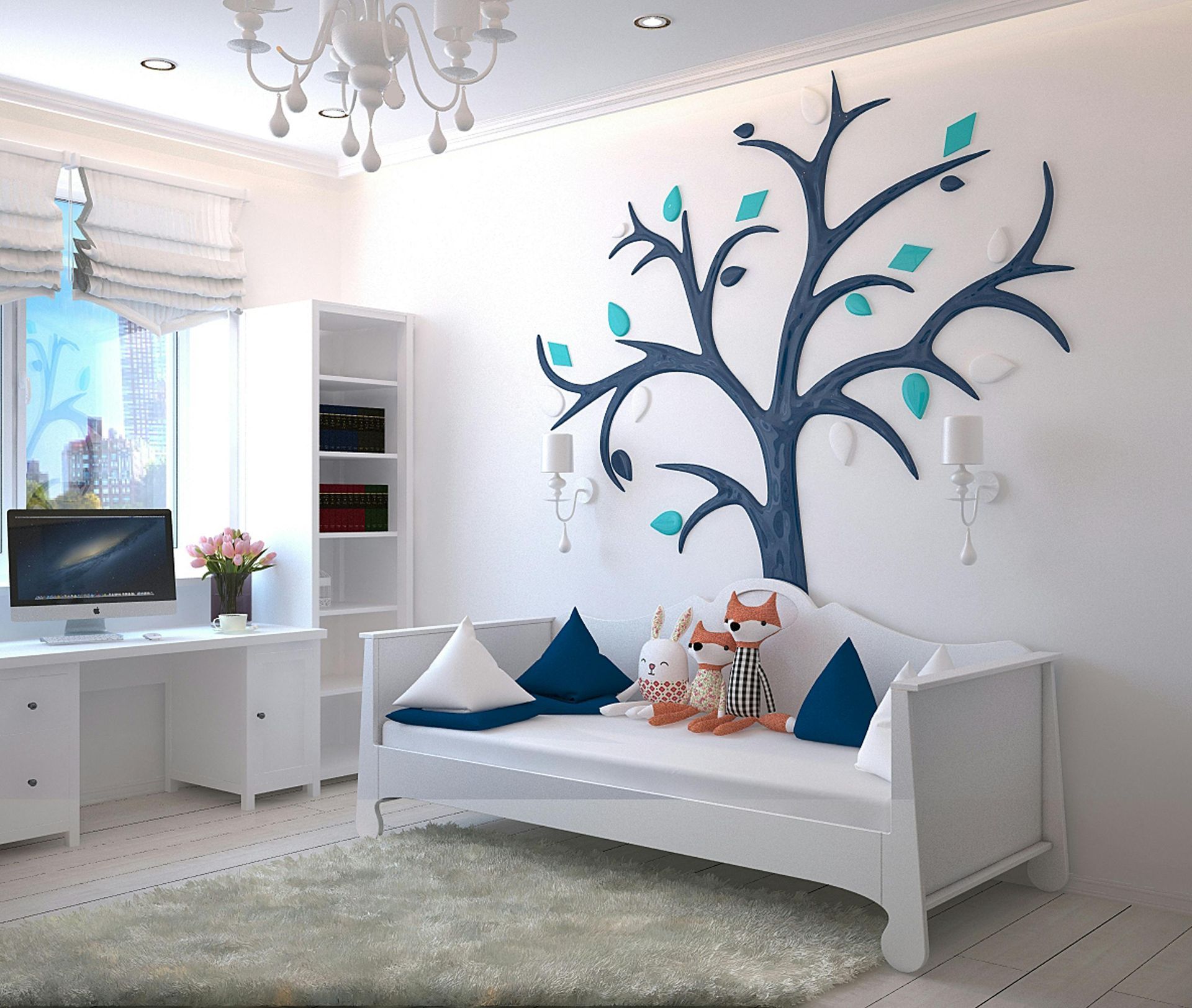 White bedroom with desk, daybed, and tree wall decal in teal.