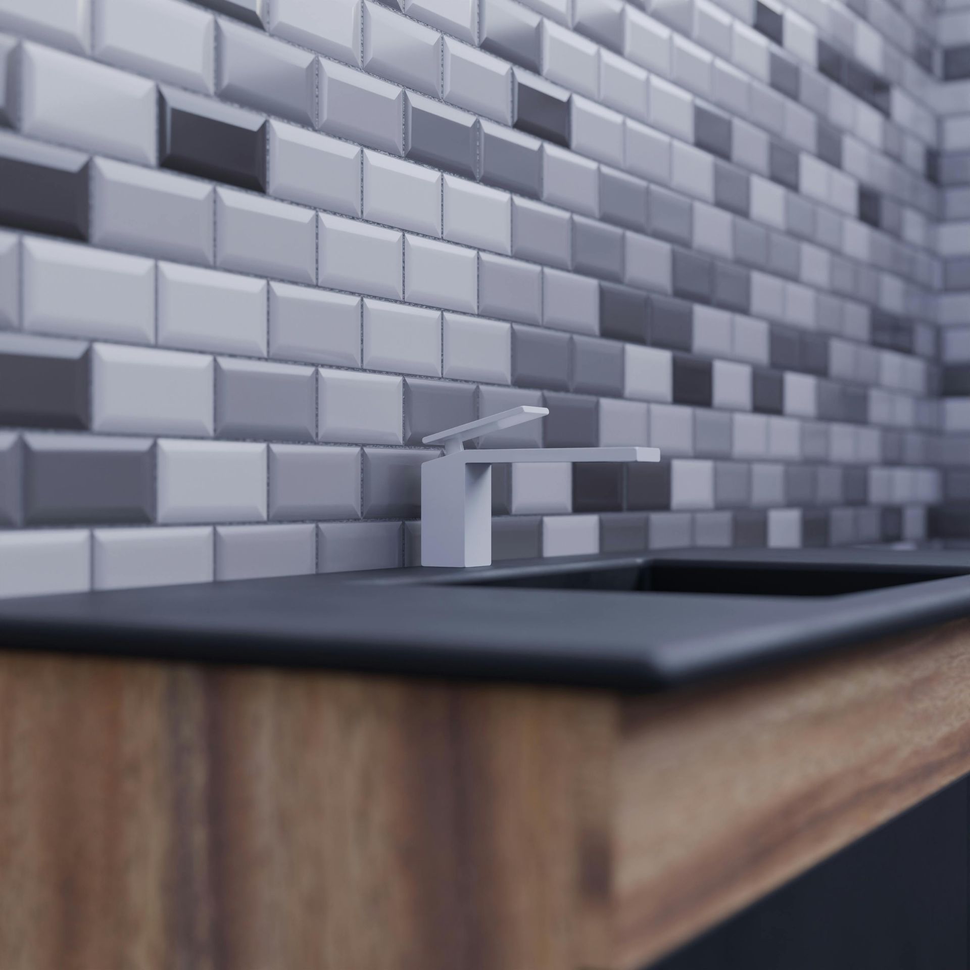 Close-up of a kitchen sink with a subway tile backsplash and wooden countertop. The faucet is white.
