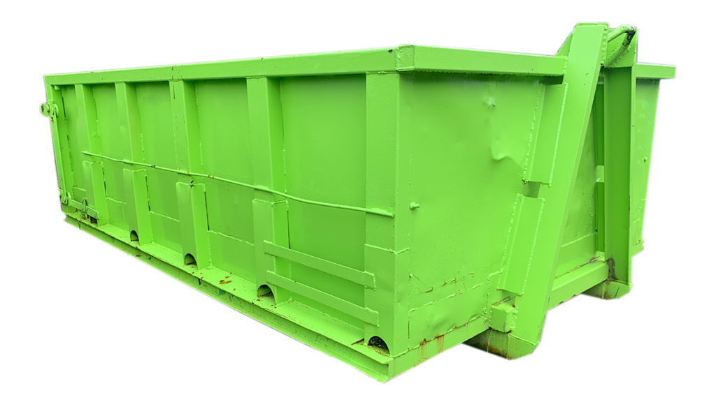 A large, bright green, industrial roll-off dumpster on a white background.