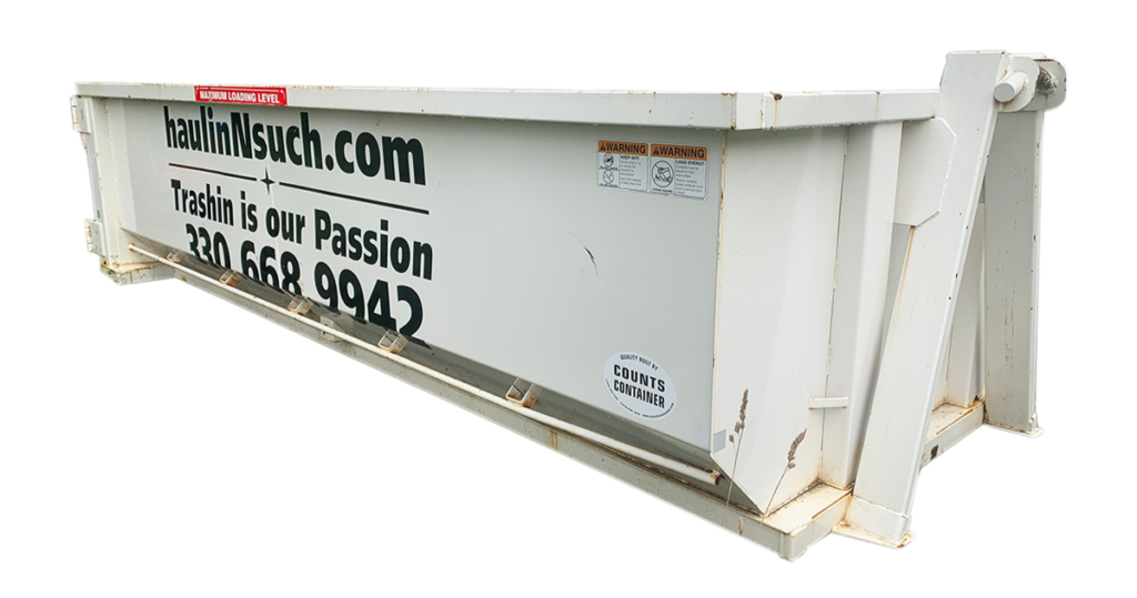 A white roll-off dumpster featuring the website
