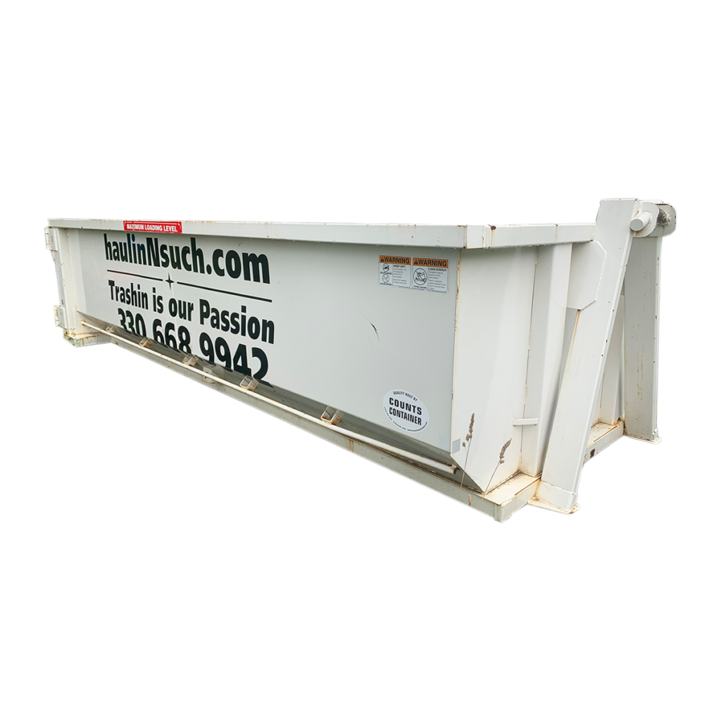A white roll-off dumpster featuring the branding