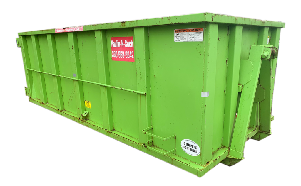 A bright green rectangular metal roll-off dumpster shown at an angle against a white background.