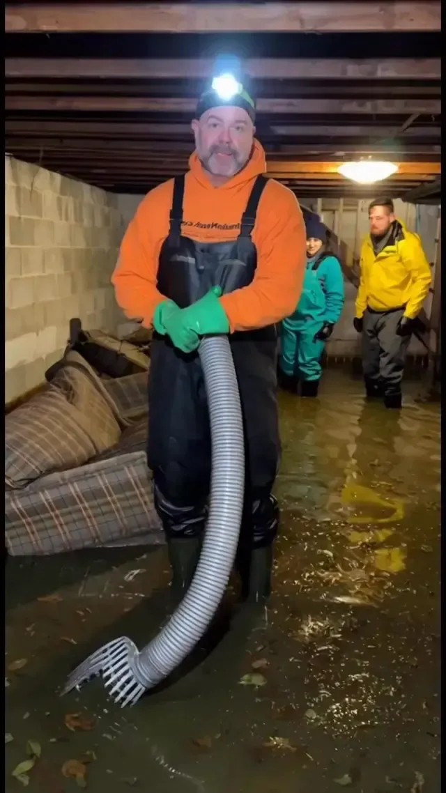 A person in waders and an orange hoodie holds a large hose in a flooded basement with two others in the background.