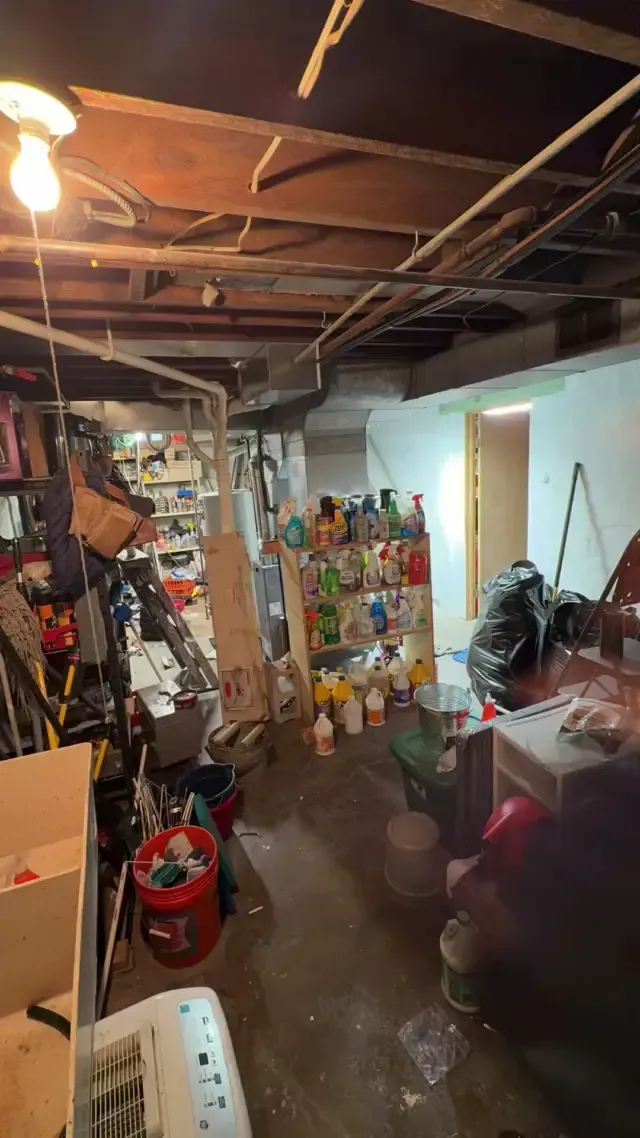 A cluttered basement with shelves of cleaning supplies, a red bucket, miscellaneous items, and an exposed wooden ceiling.