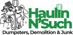 Logo for Haulin N' Such featuring two cartoon workers holding tools next to green text that reads