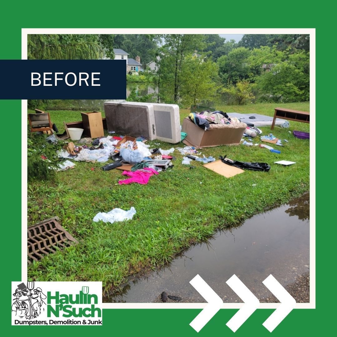 Before: littered grassy roadside with scattered trash and discarded furniture near a curb.