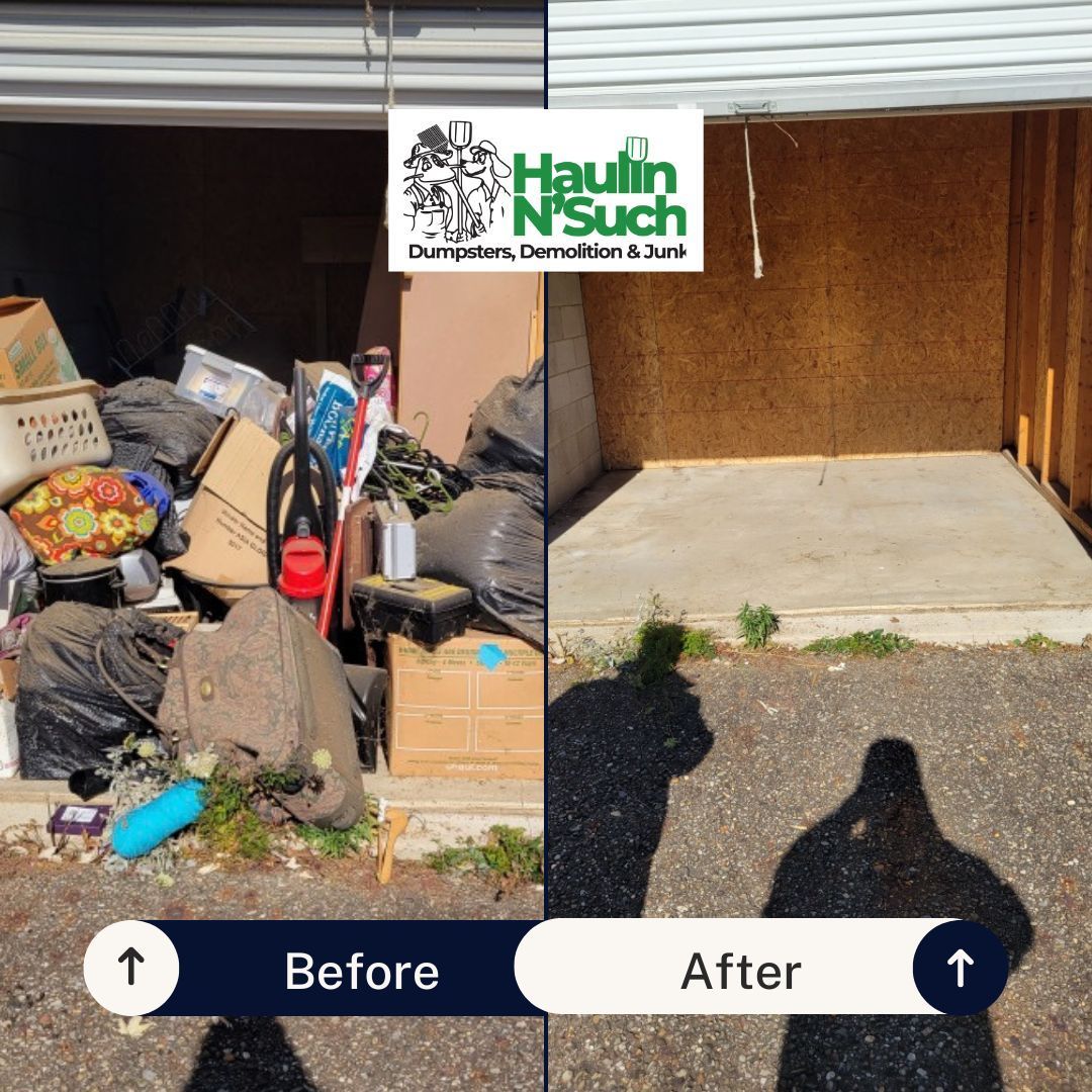 A split-screen comparison of a garage before and after a junk removal service, showing a cleared space.