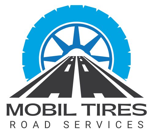 The logo for mobil tires road services shows a tire and a road.