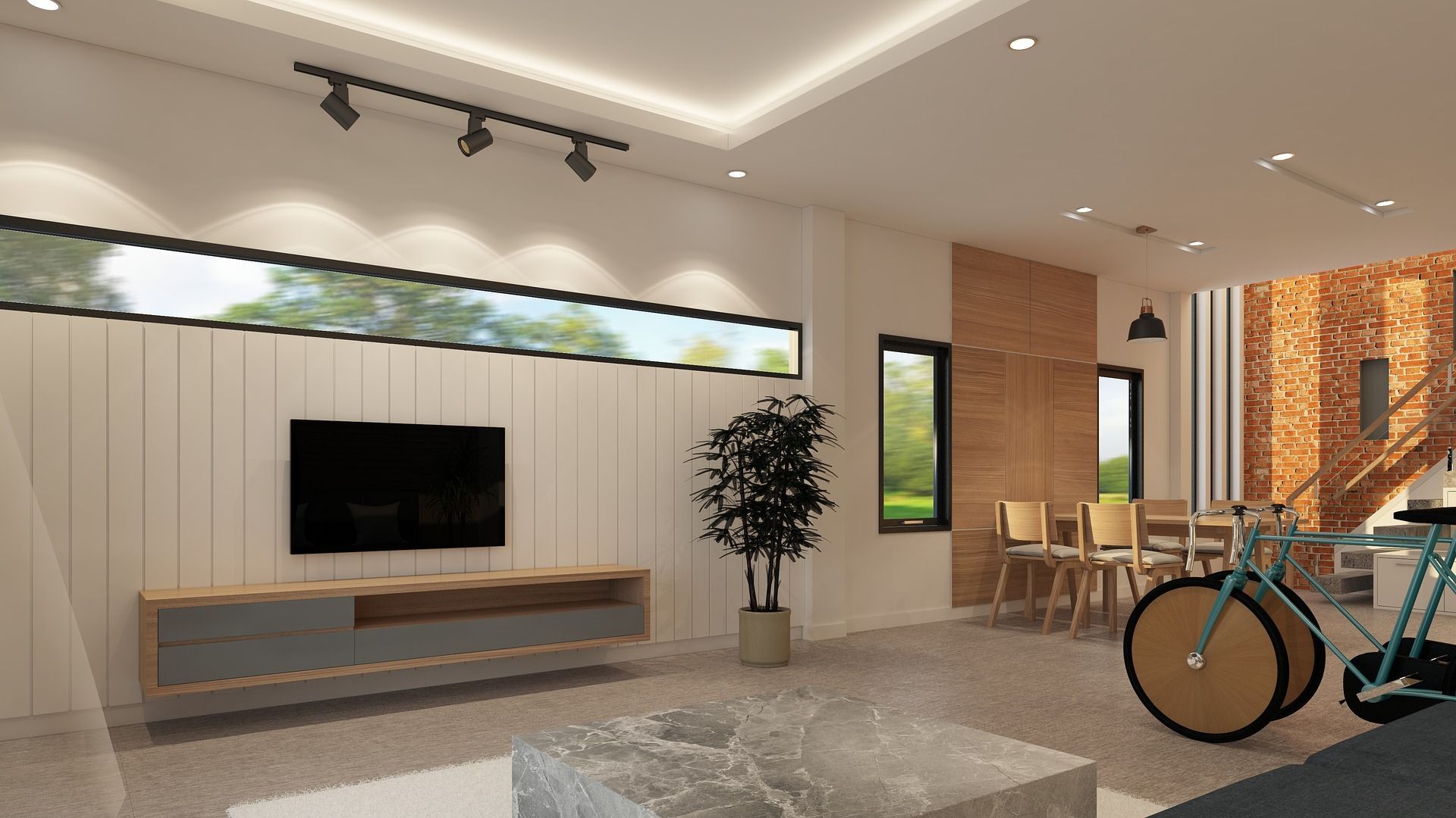 Modern living room with wall-mounted TV, wooden console, indoor plant, and bicycle near dining area.