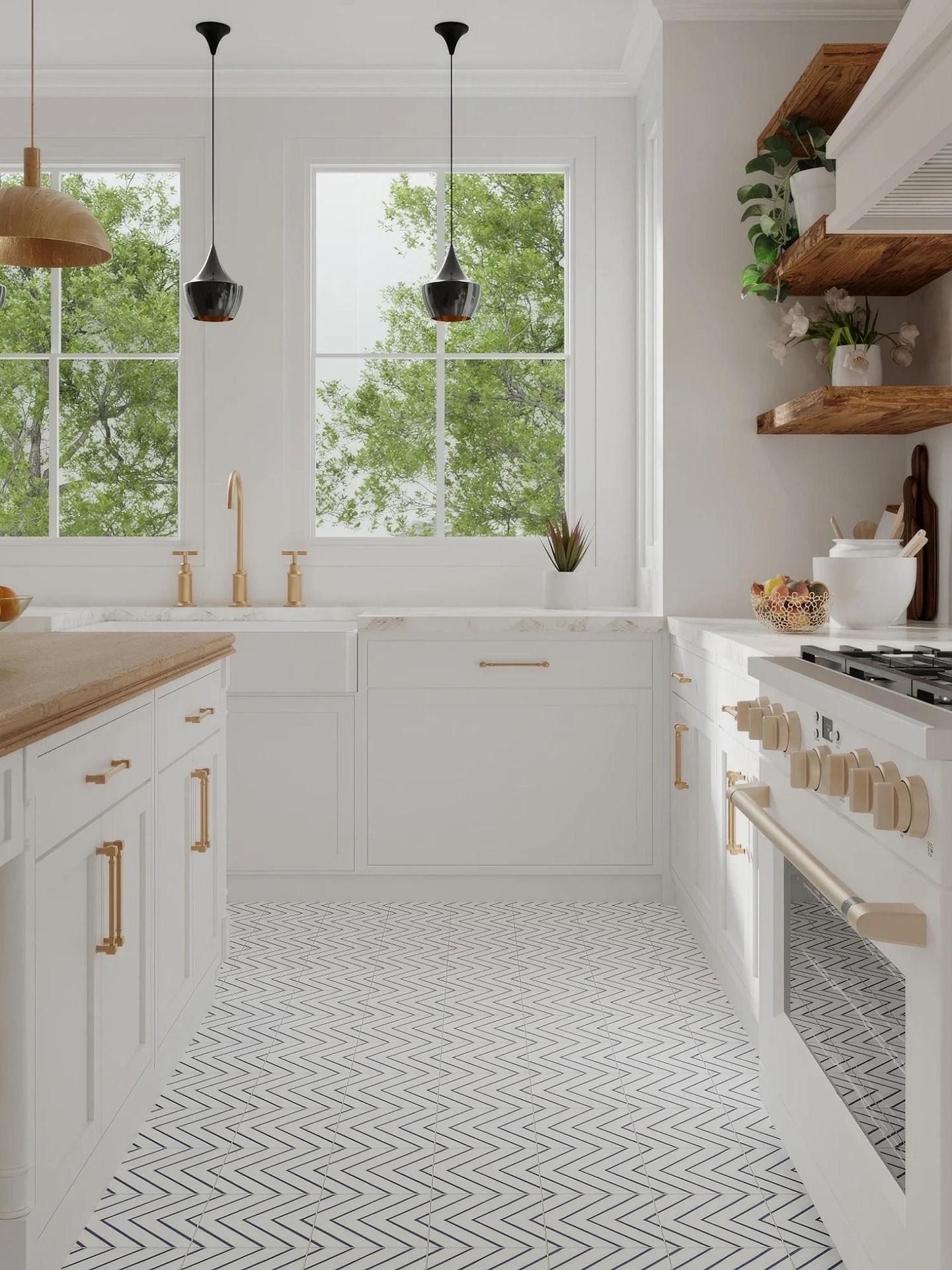 Bright white kitchen with gold accents, wood shelves, black pendant lights, and a patterned tile floor.