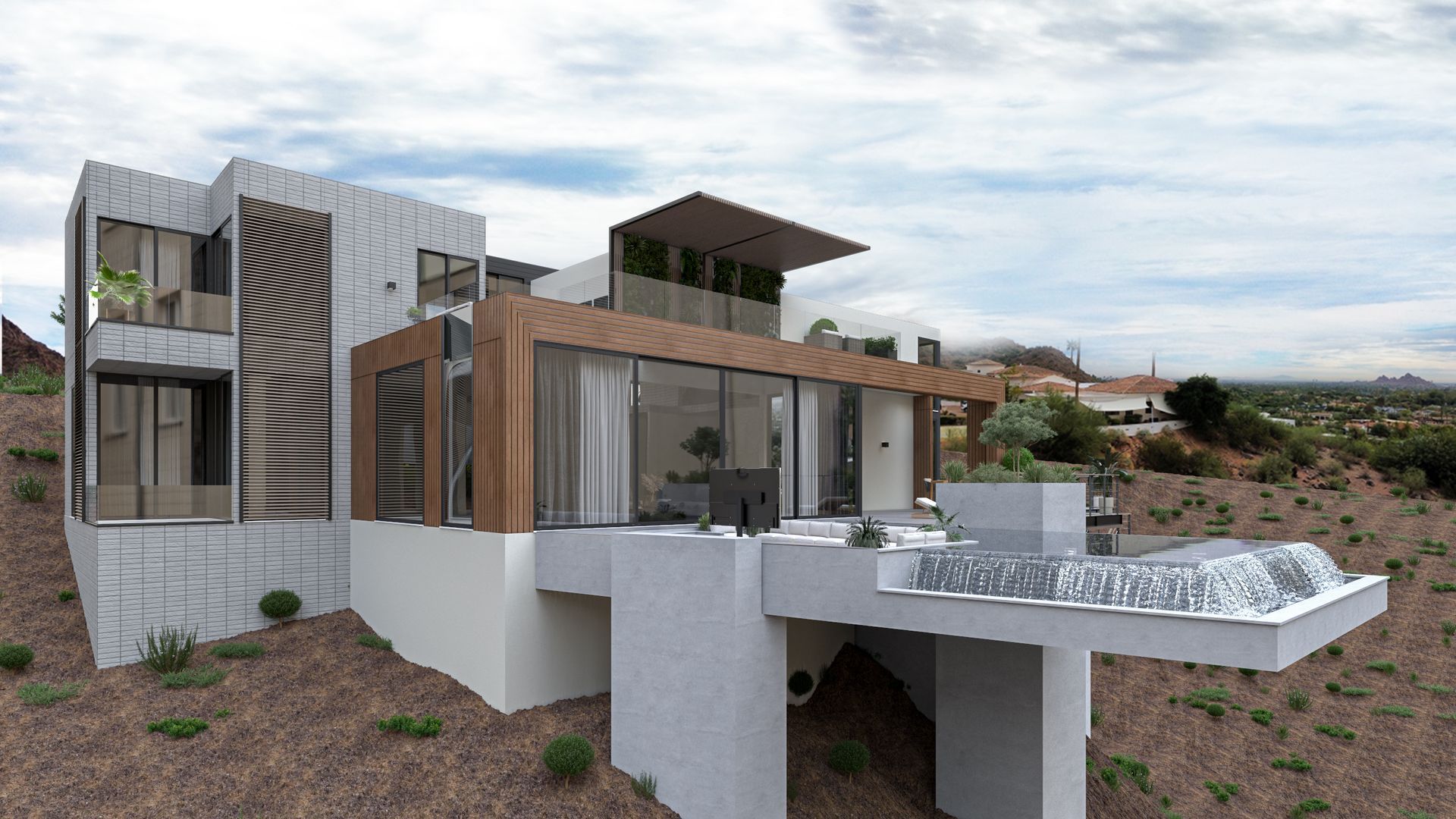 An artist 's impression of a modern house on a hill with a pool.