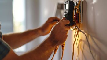 Electrician wiring a wall outlet with exposed cables and a power tool in a home interior