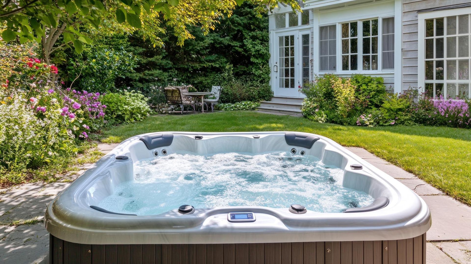 Hot tub in a lush backyard beside a white house and patio furniture