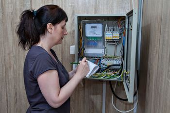 Technician inspecting wiring inside an open electrical panel on a wooden wall