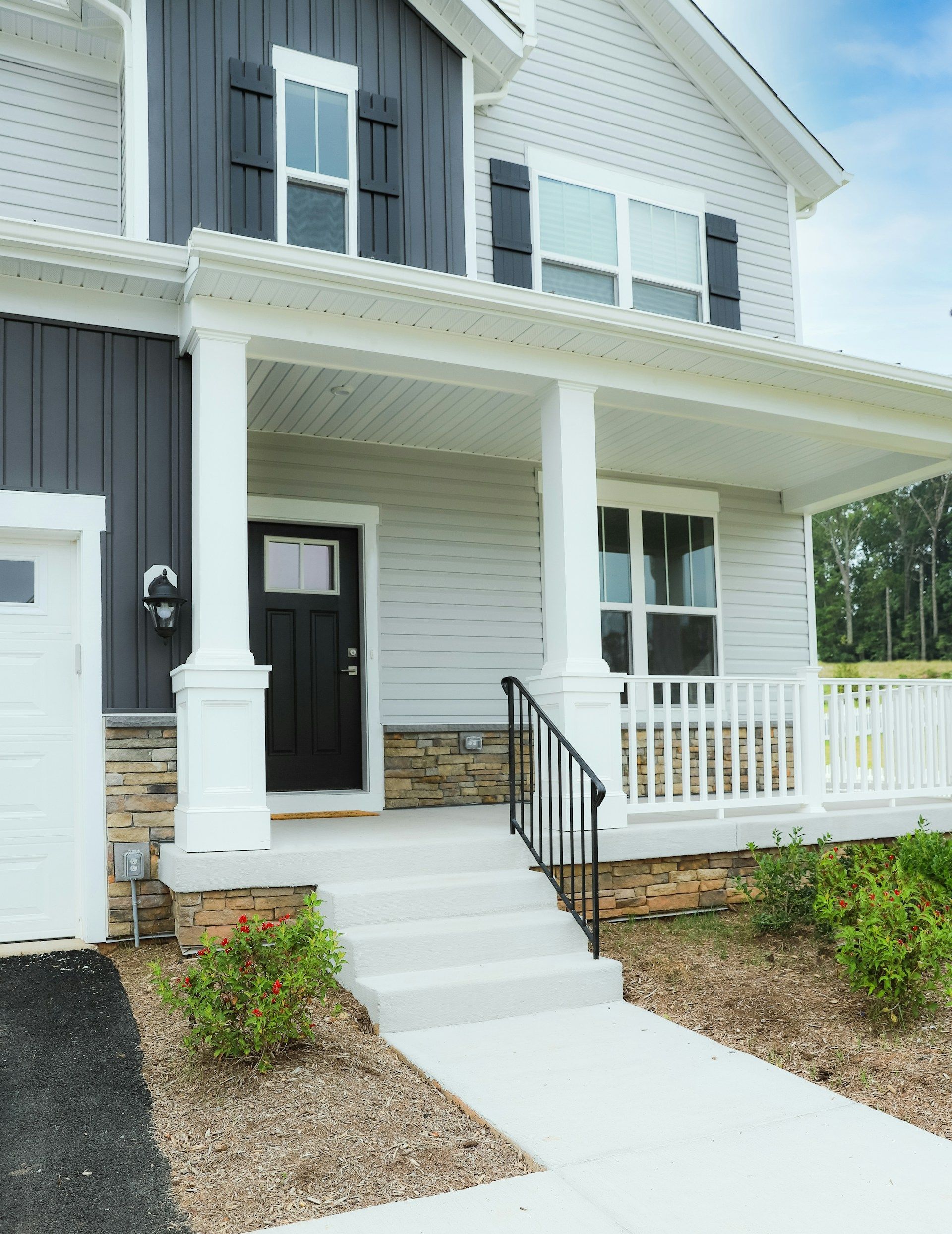 Front view of a white two-story house with a porch, steps, and black front door.