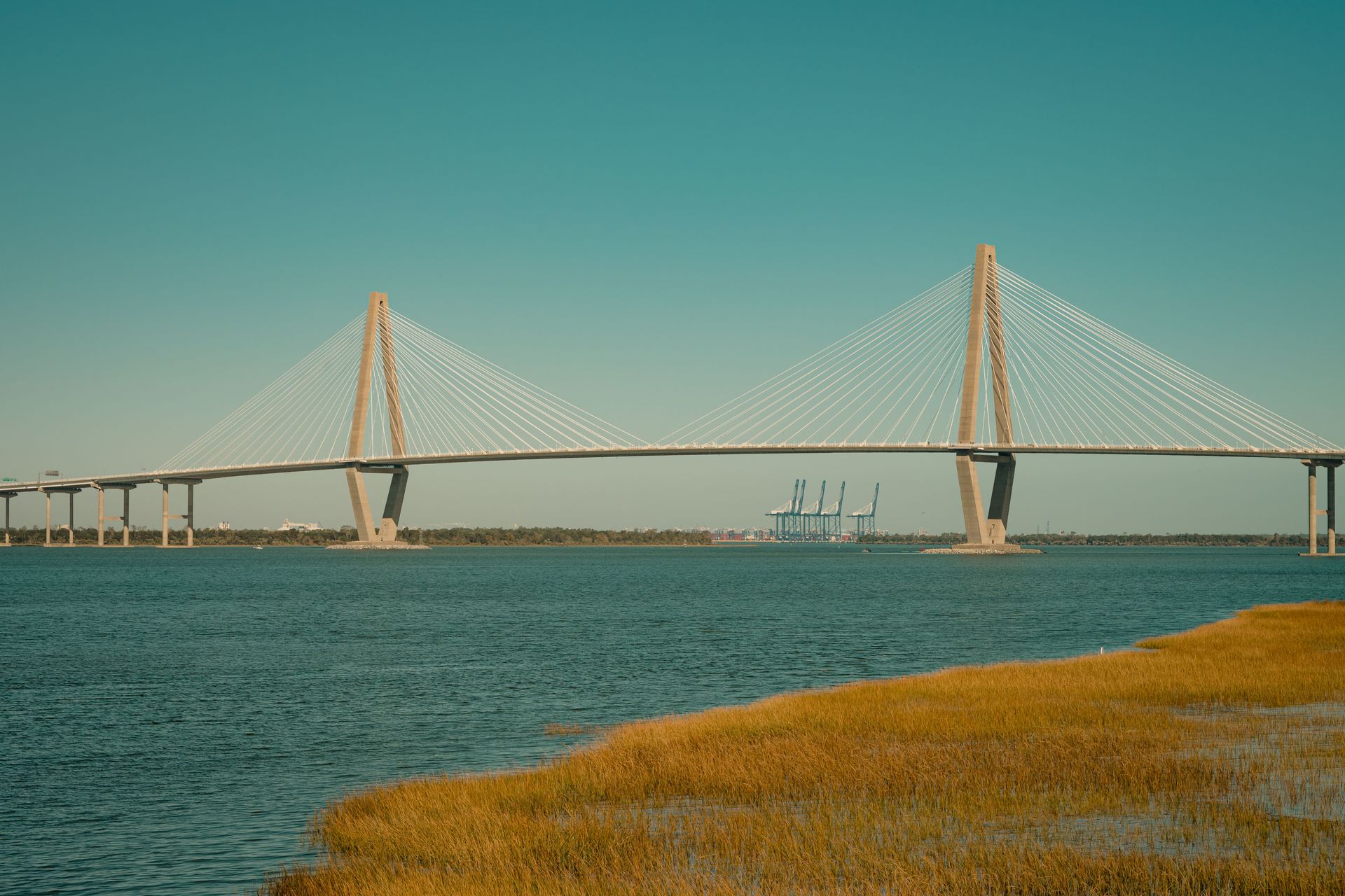 Long cable-stayed bridge over blue water with a grassy shoreline in the foreground