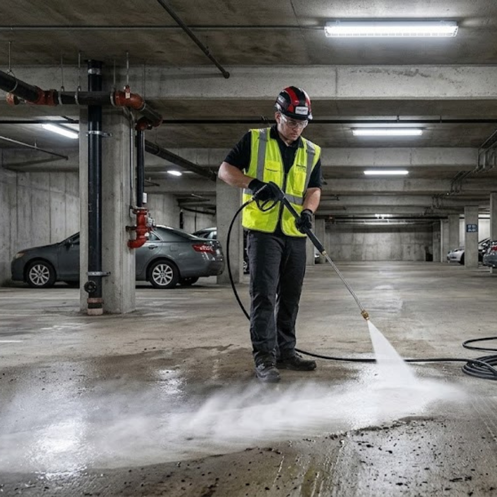 Cleaning your garage floor with pressure washer equipment 