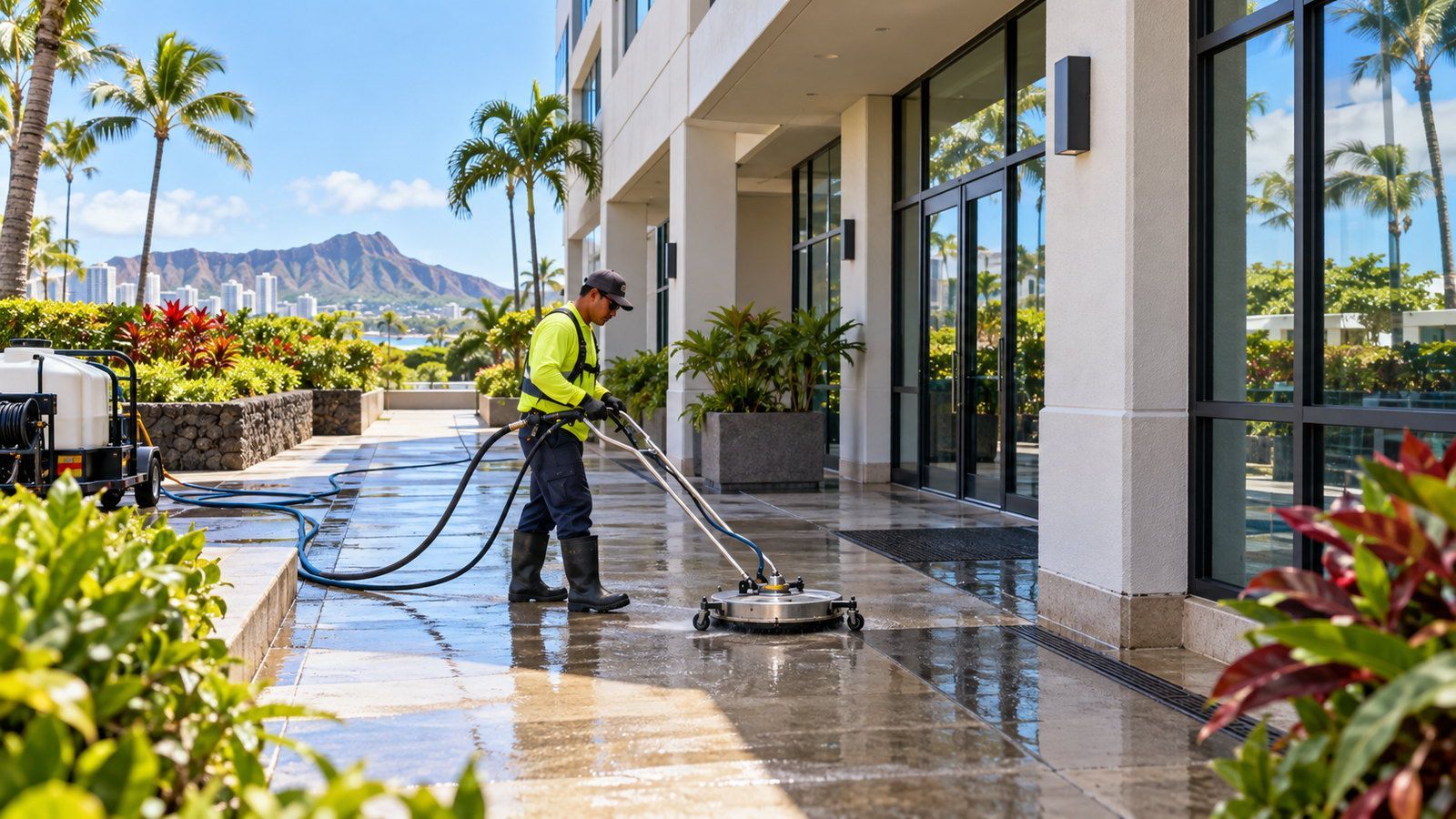 Exterior office building cleaning on Oahu, with a worker washing the entrance walkway beside a glass
