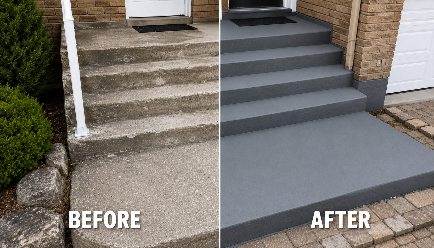 Concrete Contractor in Kent, WA restores worn concrete steps with a smooth finish shown in a before-and-after view.
