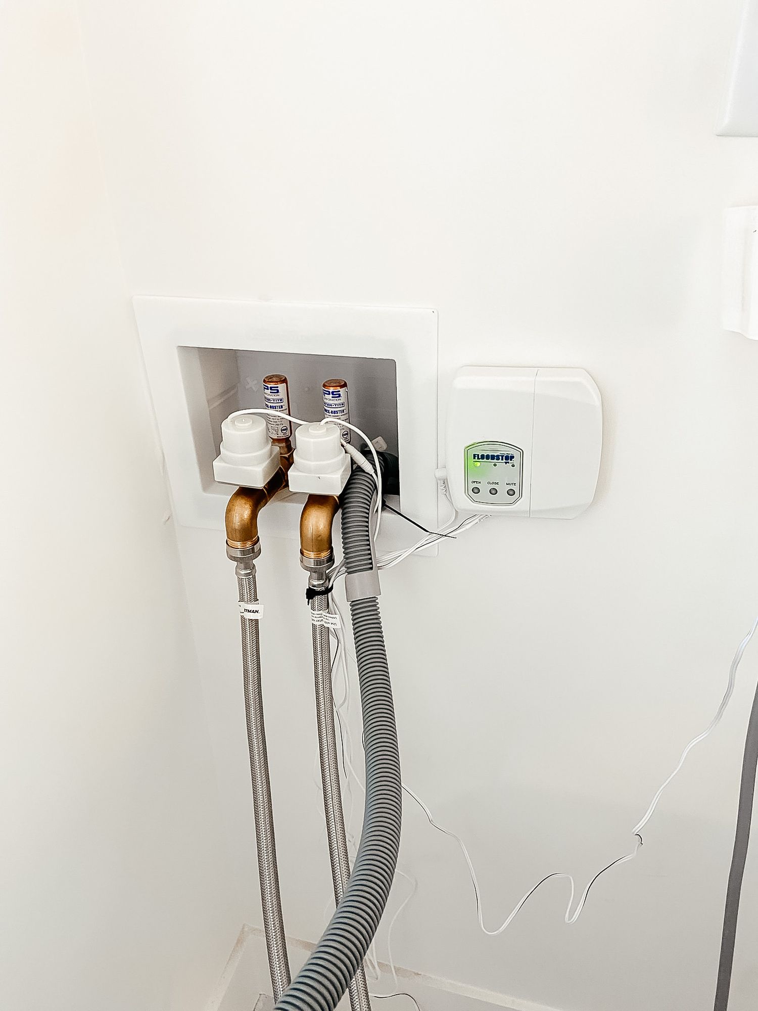 A close up of a washer and dryer hose attached to a wall.