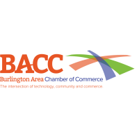 BACC logo: Orange text, blue, green, orange swooshes, Burlington Area Chamber of Commerce.