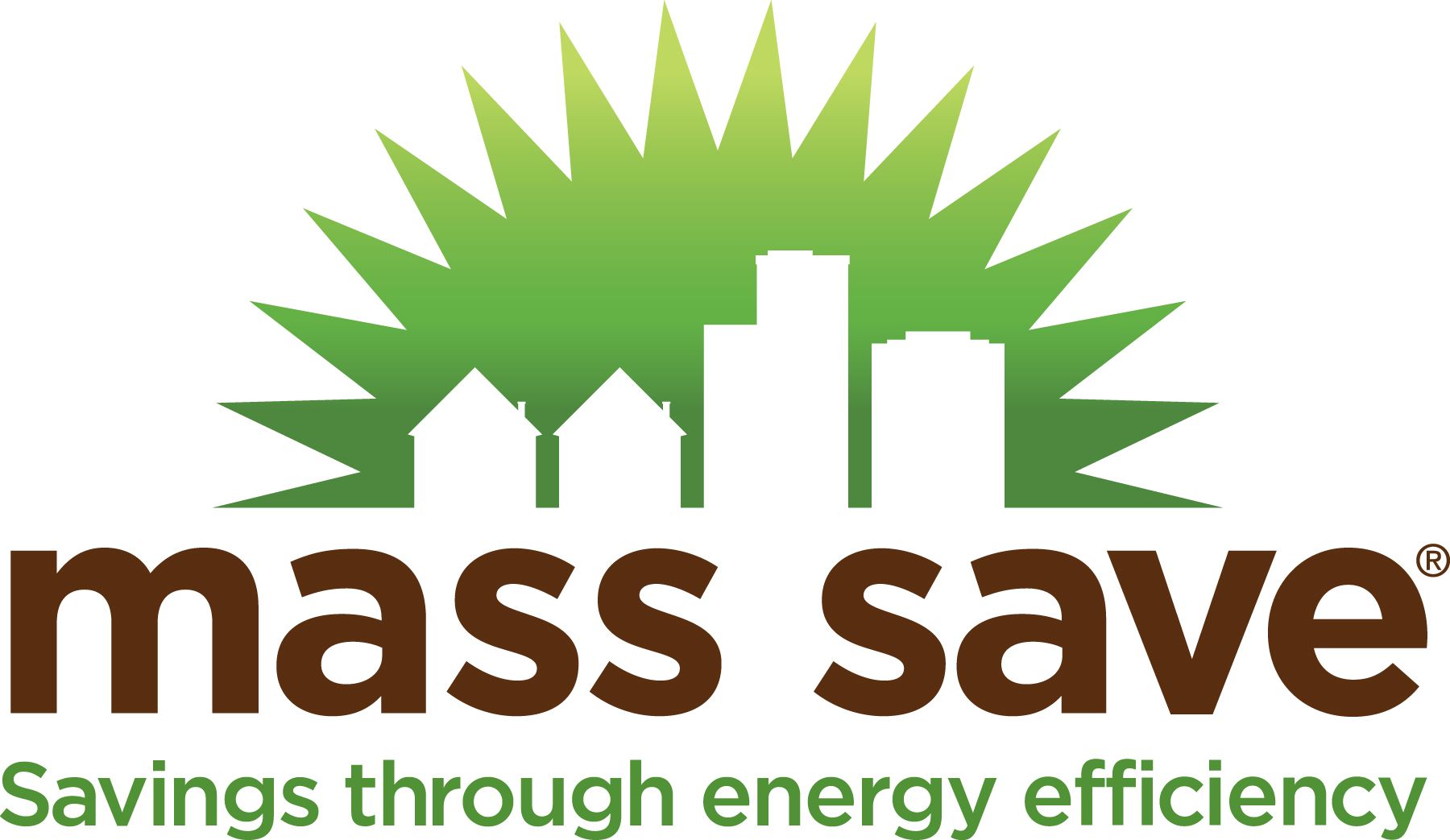 Mass Save logo: green sunburst above white buildings and houses, with brown text 