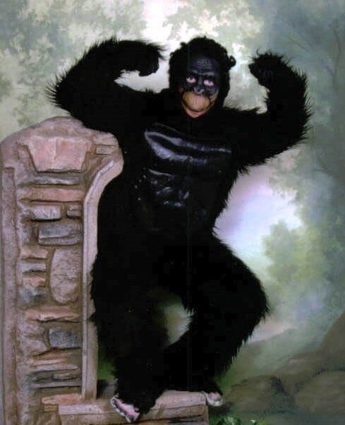 Person in a gorilla costume flexing, standing on stone steps, set against a painted forest backdrop.