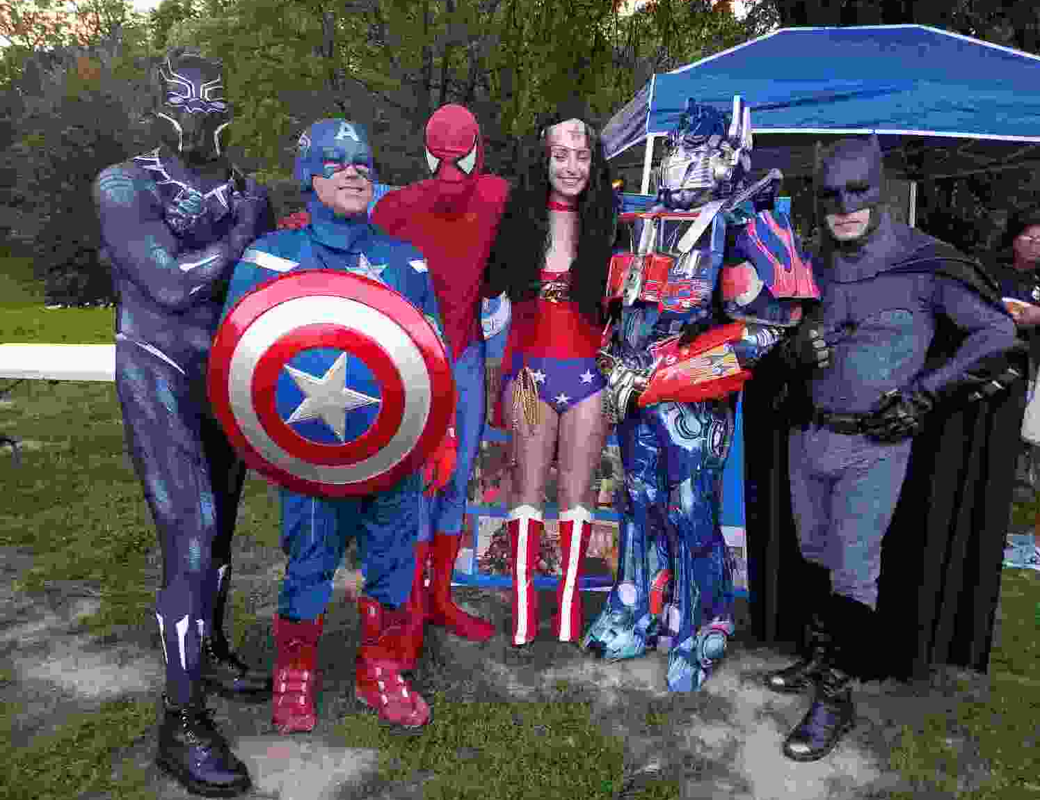 Black Panther, Captain America, Spider-Man, Wonder Woman, Optimus Prime, and Batman.