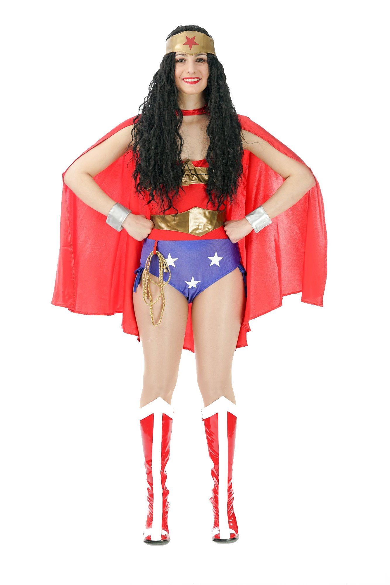 Woman in Wonder Woman costume, red cape, headband, and boots; hands on hips.