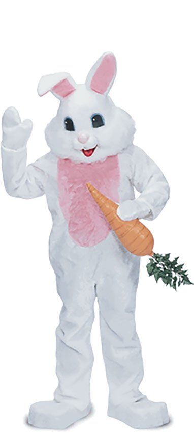A person in a white Easter bunny costume holding a carrot and waving.