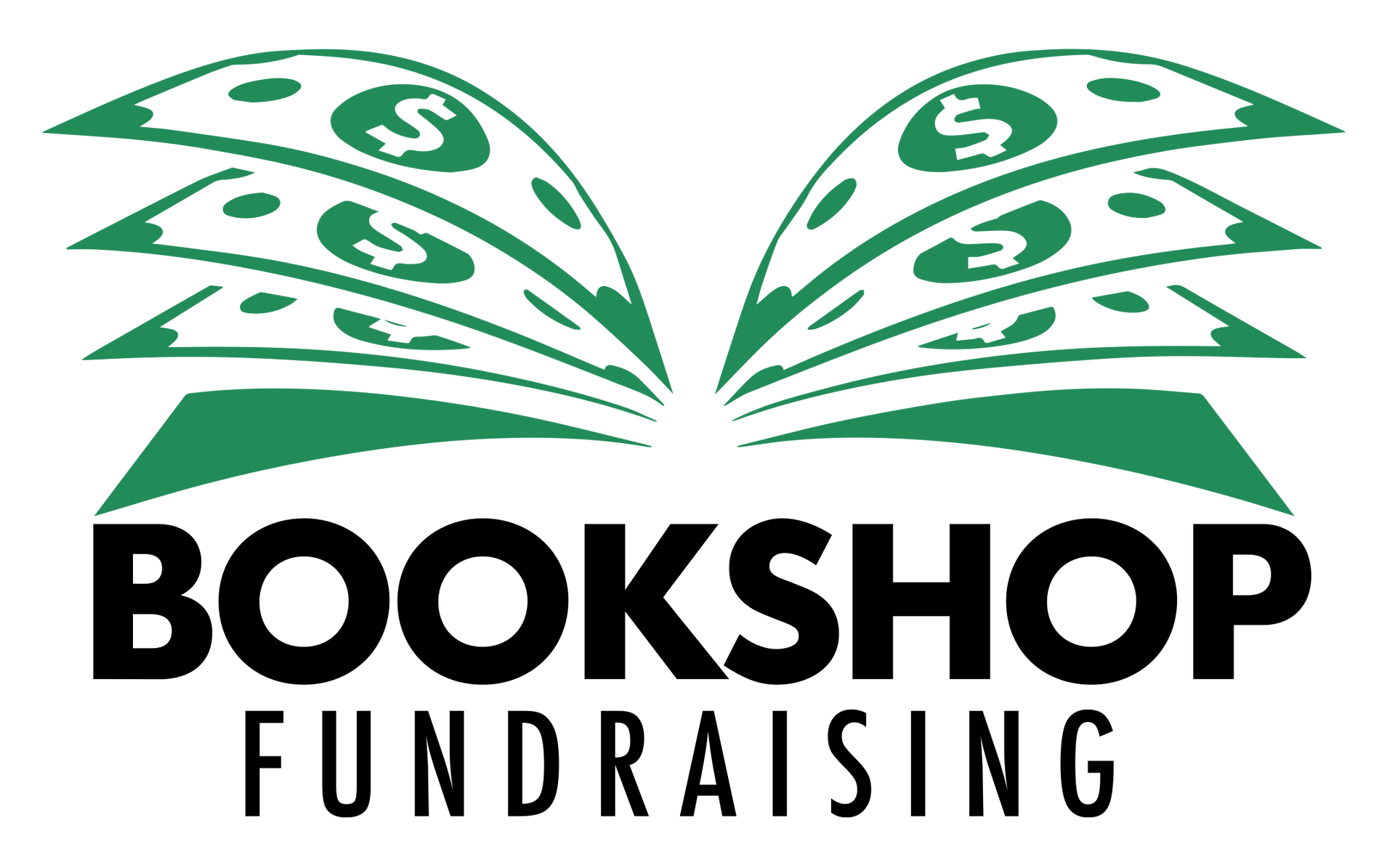A logo for a bookshop fundraising with a book and money coming out of it.