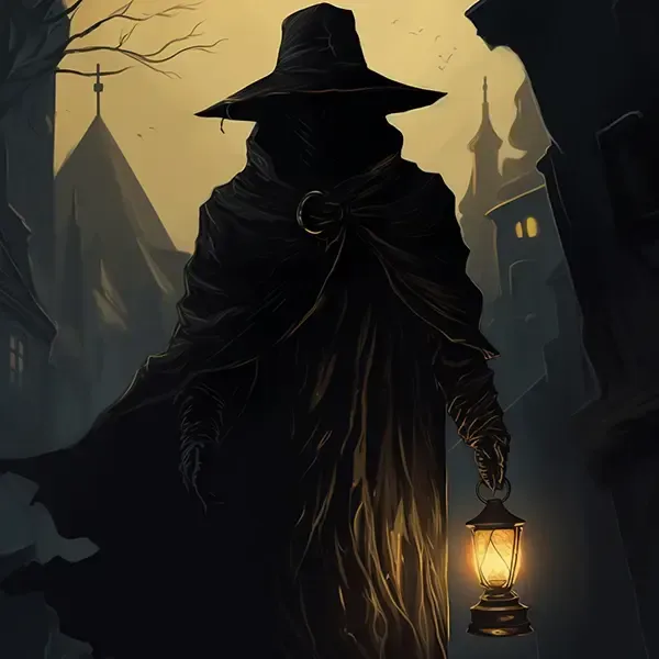 A man in a hat and cape is holding a lantern