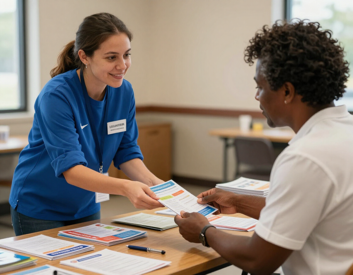 Volunteer assisting someone at a resource table