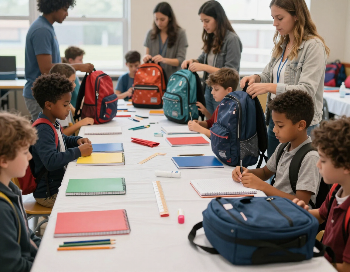 Backpacks and school supplies ready for distribution